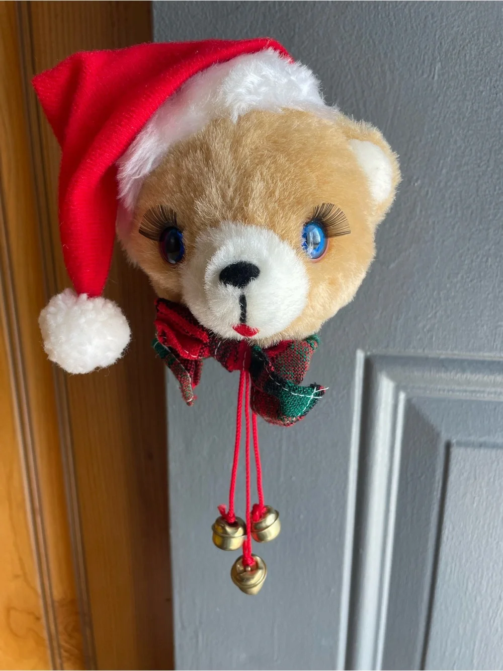 Vintage 80s Christmas Teddy Bear DoorKnober Cover Classic Home Decor Holiday